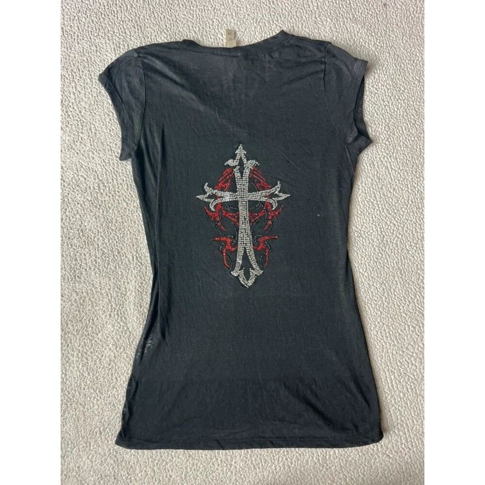 Vintage Y2K Exist Rhinestone Cross Black Biker Tshirt Cotton Blend Womens Medium - Picture 3 of 9